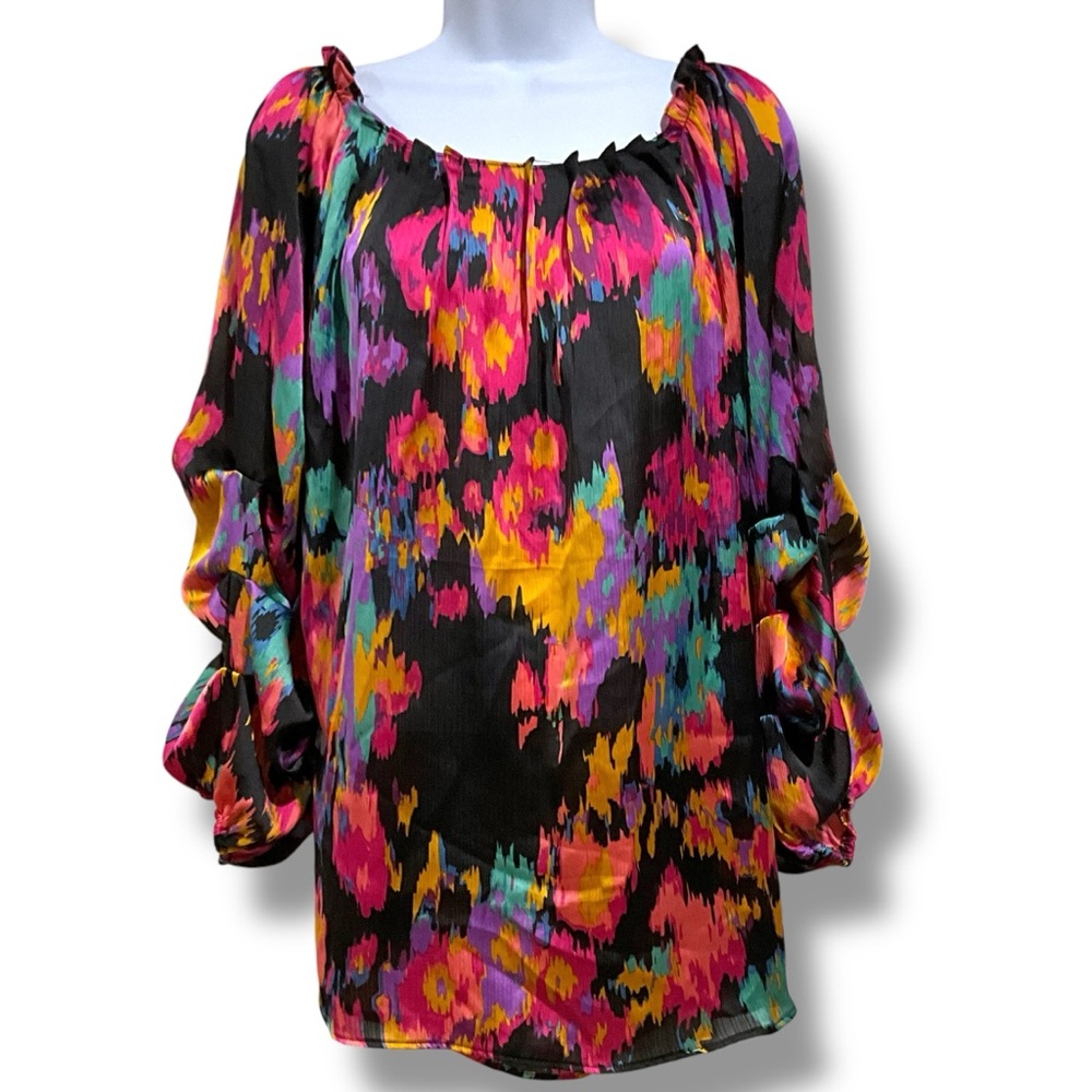 Azel Hazel Bright Watercolor Pullover Blouse With Sleeve Details Women’s 1X